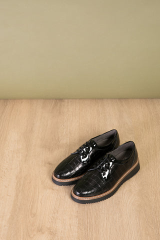 黑色鱷魚皮壓紋綁帶微厚底鞋