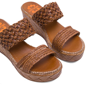 棕色真皮編織帶楔型拖鞋