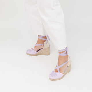 紫色綁帶草編楔型涼鞋