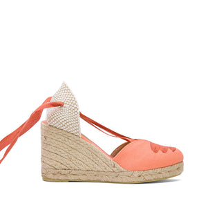 珊瑚橘色綁帶草編楔型涼鞋