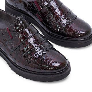 暗紅色漆皮鱷魚紋厚底樂福鞋