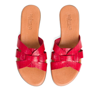 紅色真皮鱷魚紋編織平底拖鞋