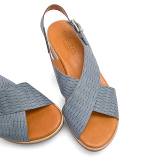 灰藍色真皮編織壓紋楔型涼鞋